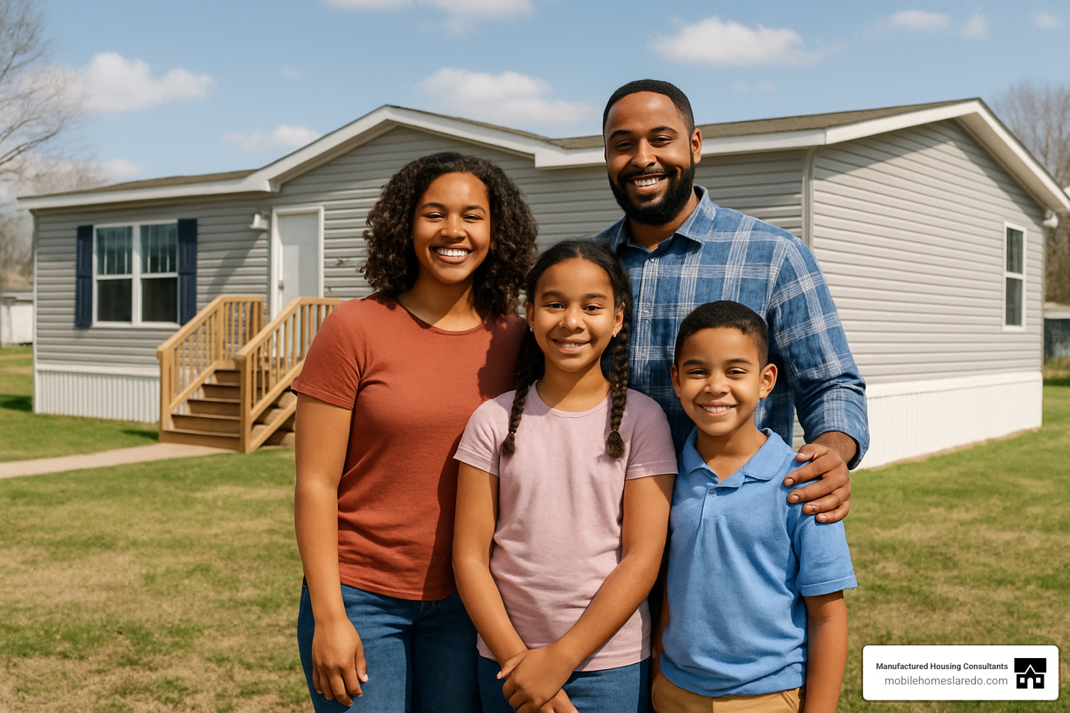 Family standing proudly in front of their new manufactured home - bad credit mobile home loans guaranteed approval Family standing proudly in front of their new manufactured home - bad credit mobile home loans guaranteed approval