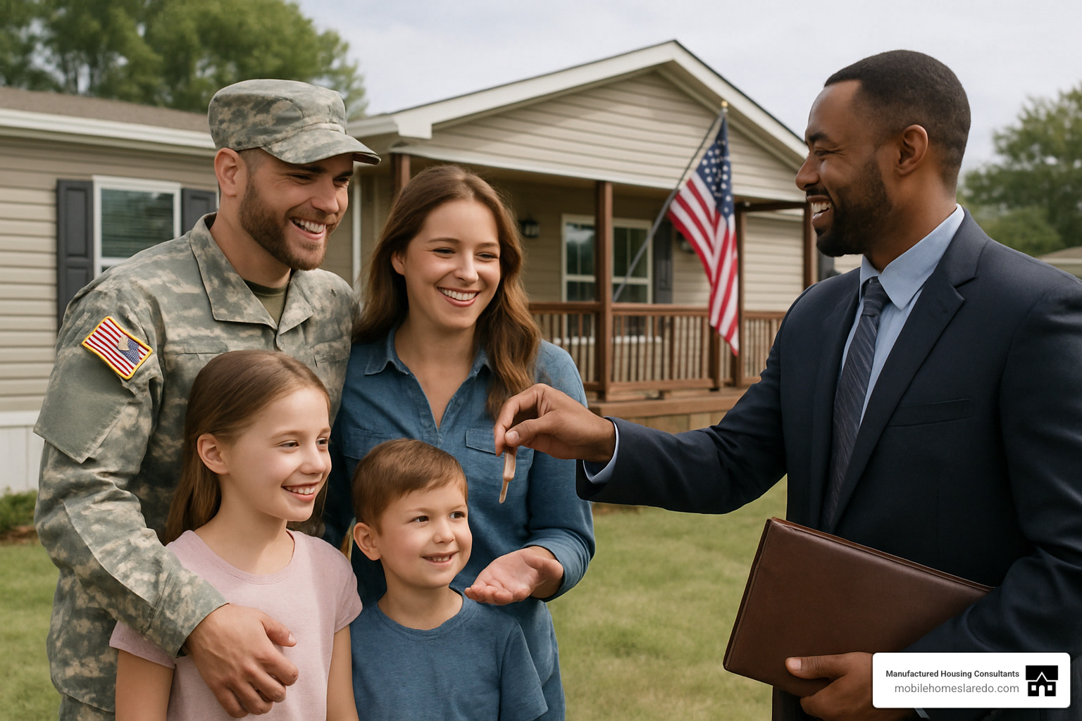 Veteran family receiving keys to their new manufactured home - bad credit mobile home loans guaranteed approval Veteran family receiving keys to their new manufactured home - bad credit mobile home loans guaranteed approval