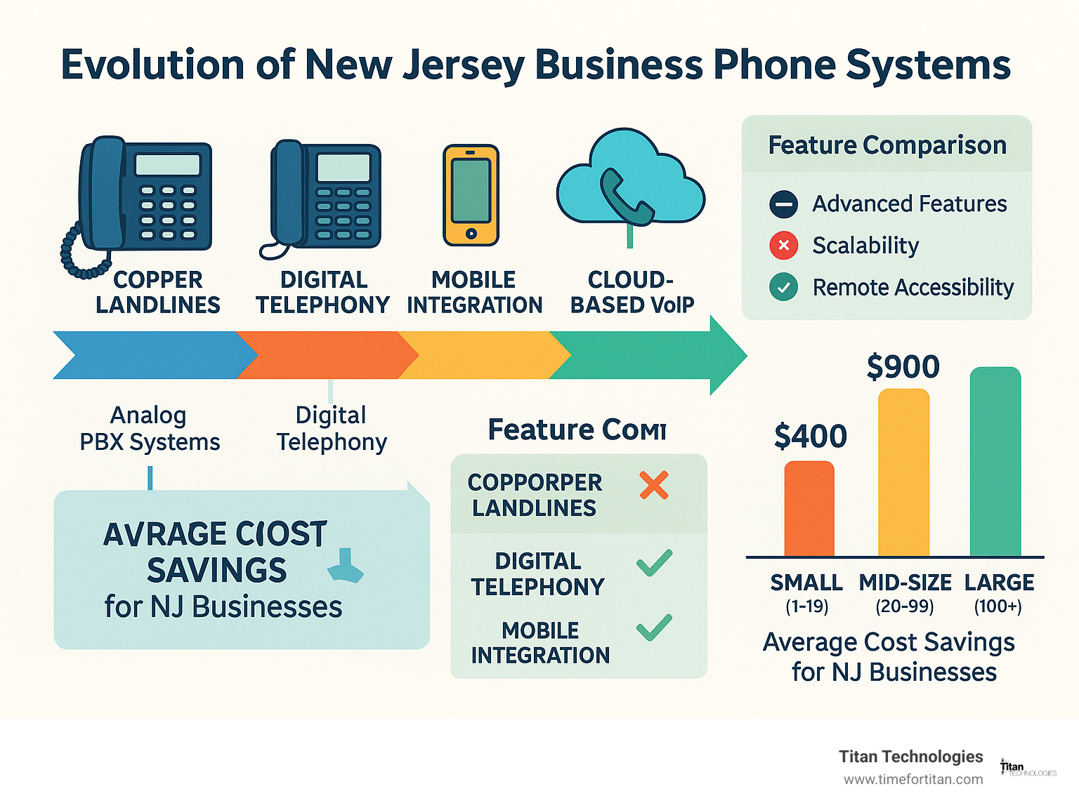 Evolution of New Jersey Business Phone Systems showing the transition from traditional copper landlines to modern cloud-based VoIP systems, with a timeline of key technology advances, feature comparisons, and average cost savings for NJ businesses of different sizes - business phone systems new jersey infographic 