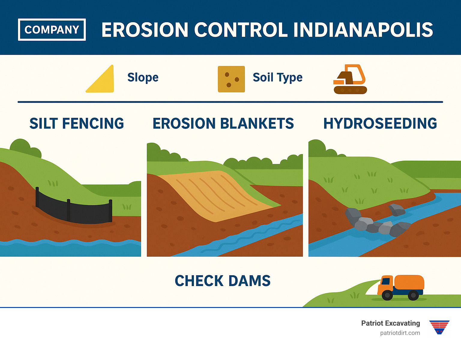 Diagram showing common erosion control methods for Indianapolis construction sites including silt fencing, erosion blankets, check dams, and hydroseeding with their appropriate applications based on slope, soil type, and construction phase - Erosion control Indianapolis infographic 