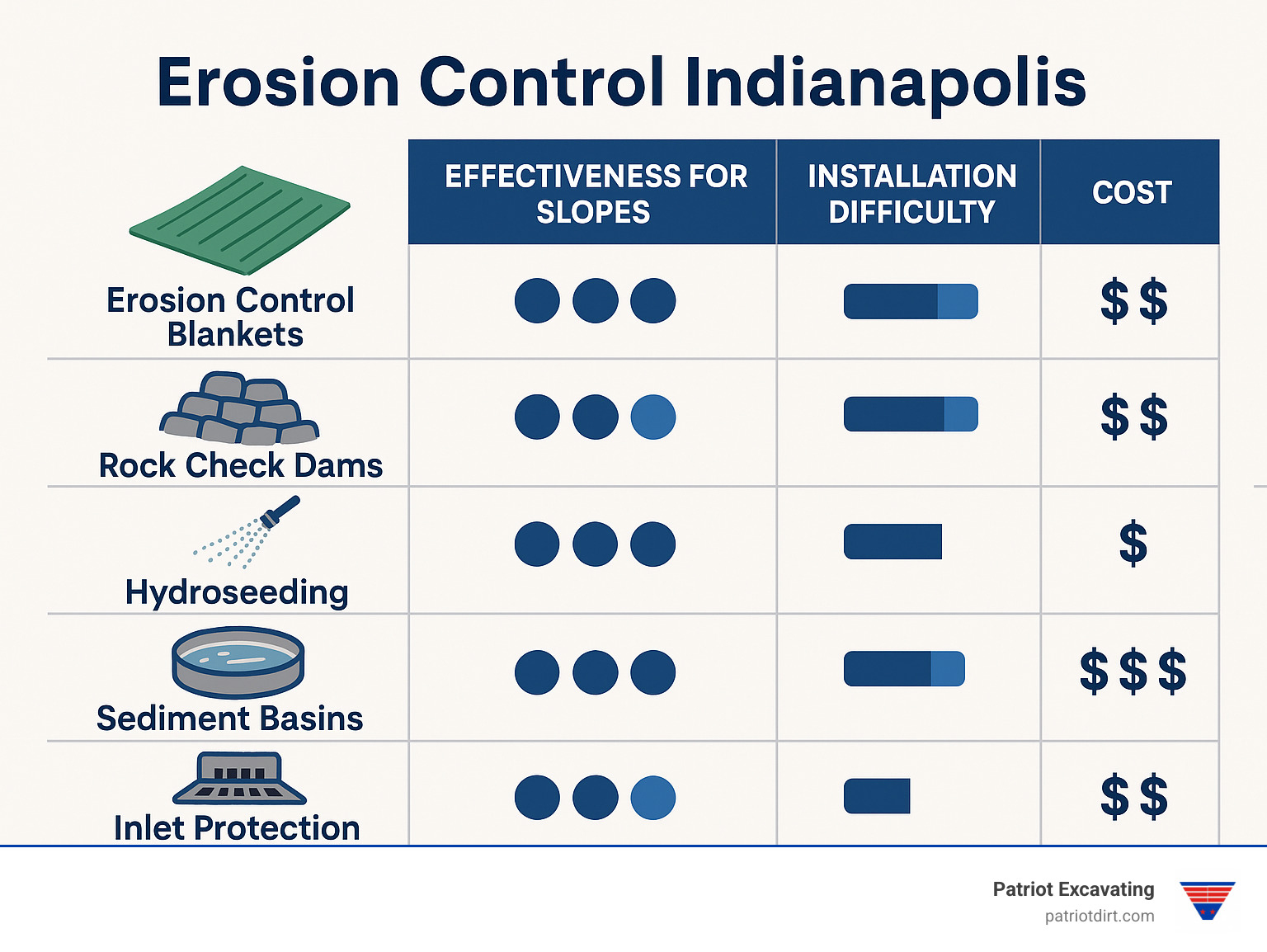 Comparison chart of erosion control products showing effectiveness ratings for different slope conditions, installation difficulty, and cost factors - Erosion control Indianapolis infographic 
