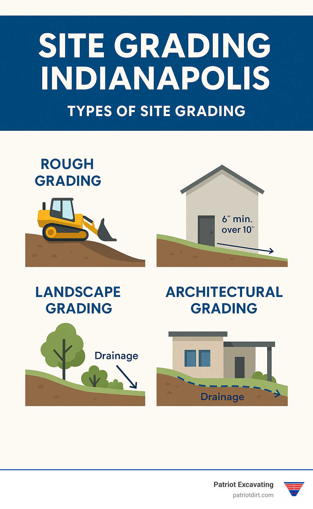 Comprehensive diagram showing types of site grading including rough grading, finish grading, landscape grading, and architectural grading with proper slopes and drainage patterns for Indianapolis soil conditions - Site Grading Indianapolis infographic 