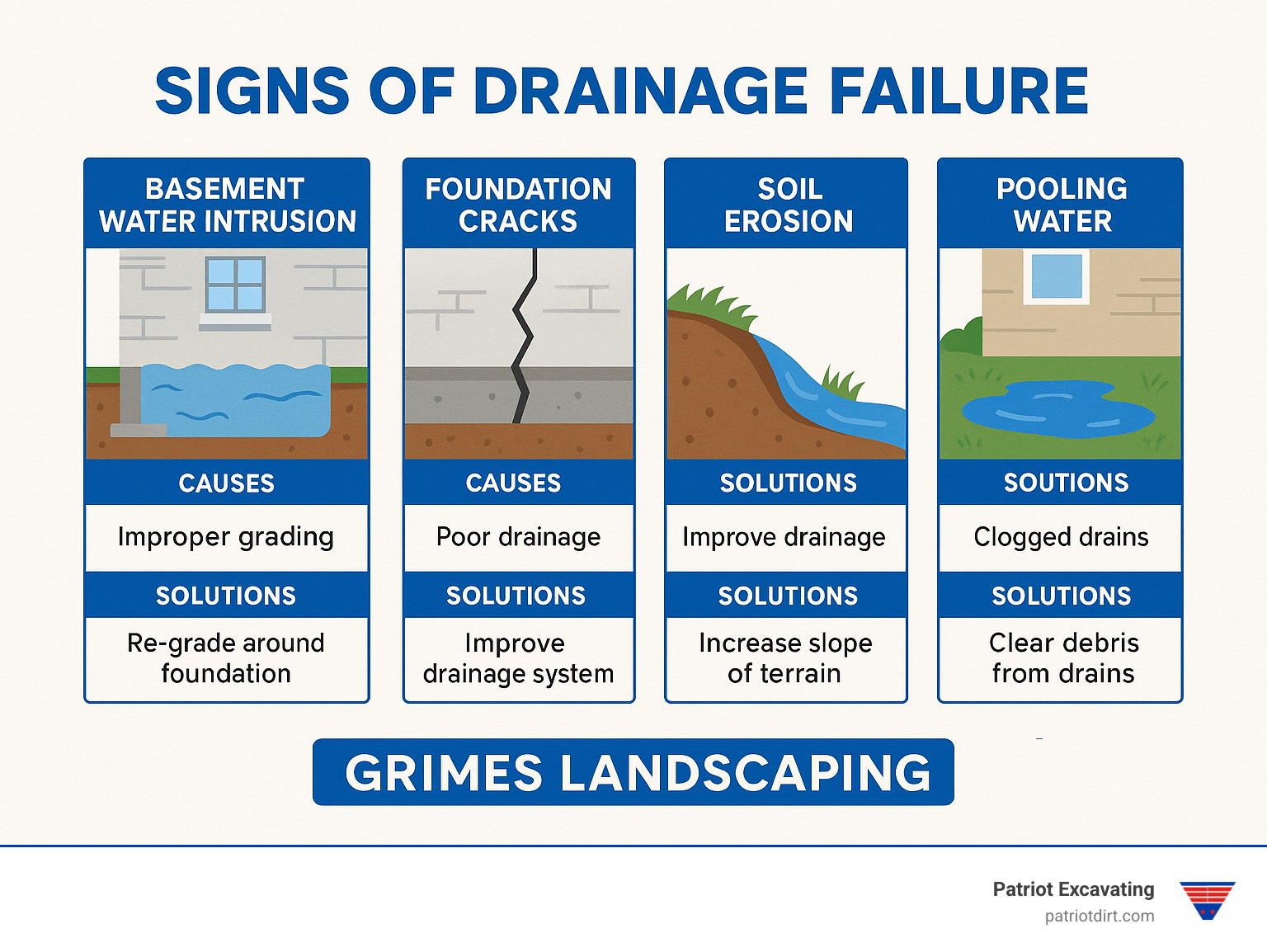 Diagram showing signs of drainage failure including basement water intrusion, foundation cracks, soil erosion, and pooling water with causes and solutions - Site Grading Indianapolis infographic 