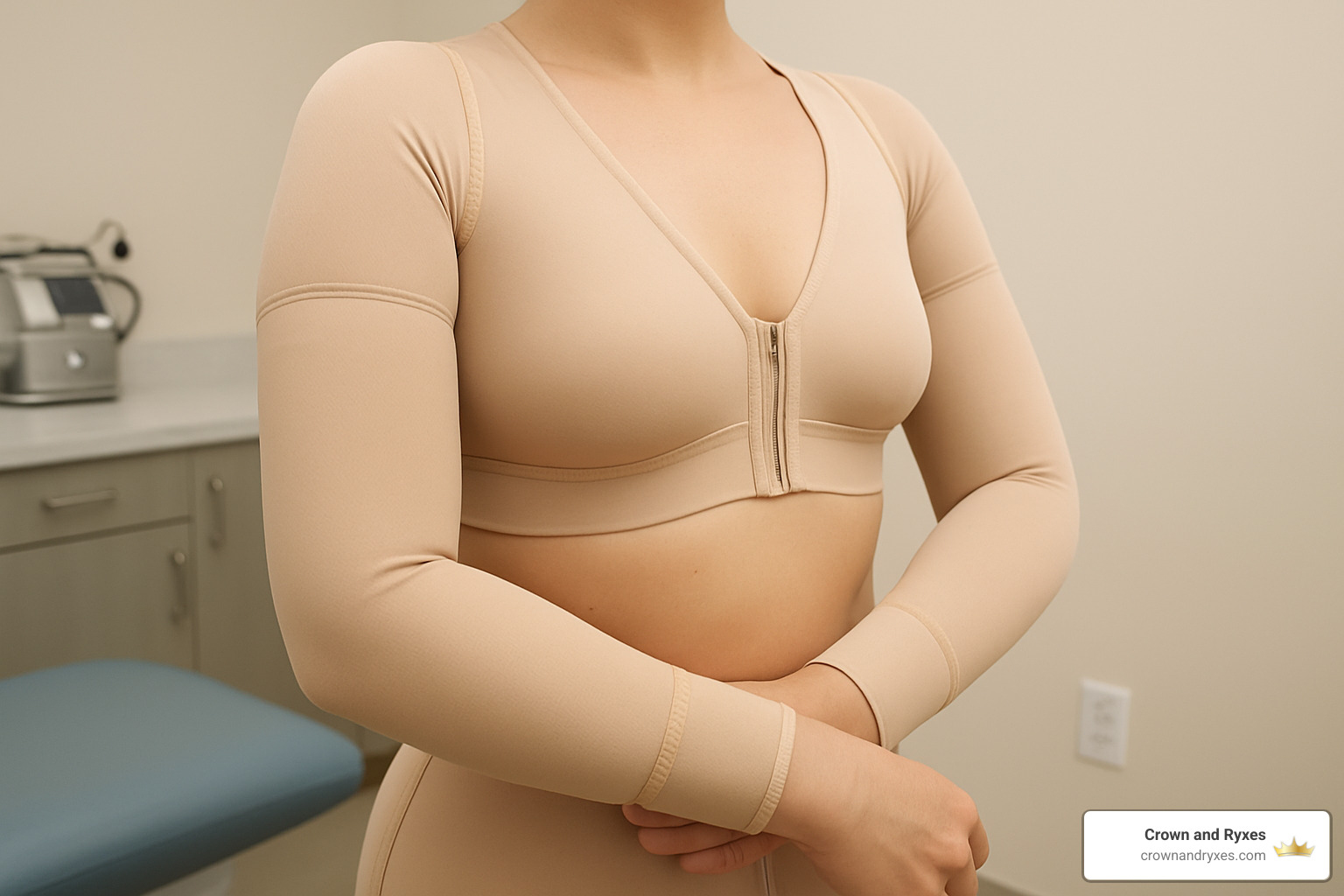 compression garment on patient after arm liposuction - Liposuction for arms