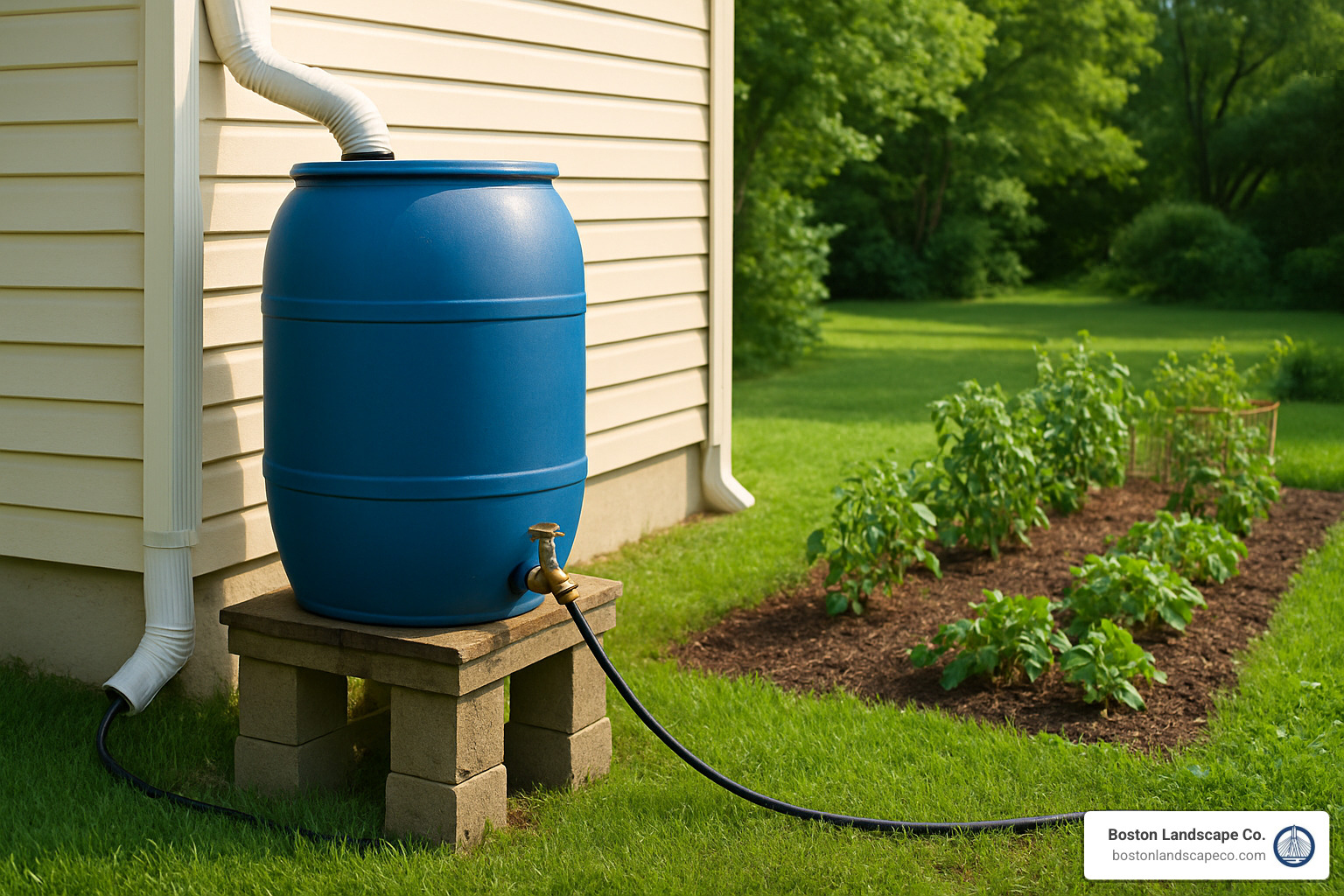 rain barrel connected to a downspout with a drip irrigation line - watering and irrigation systems