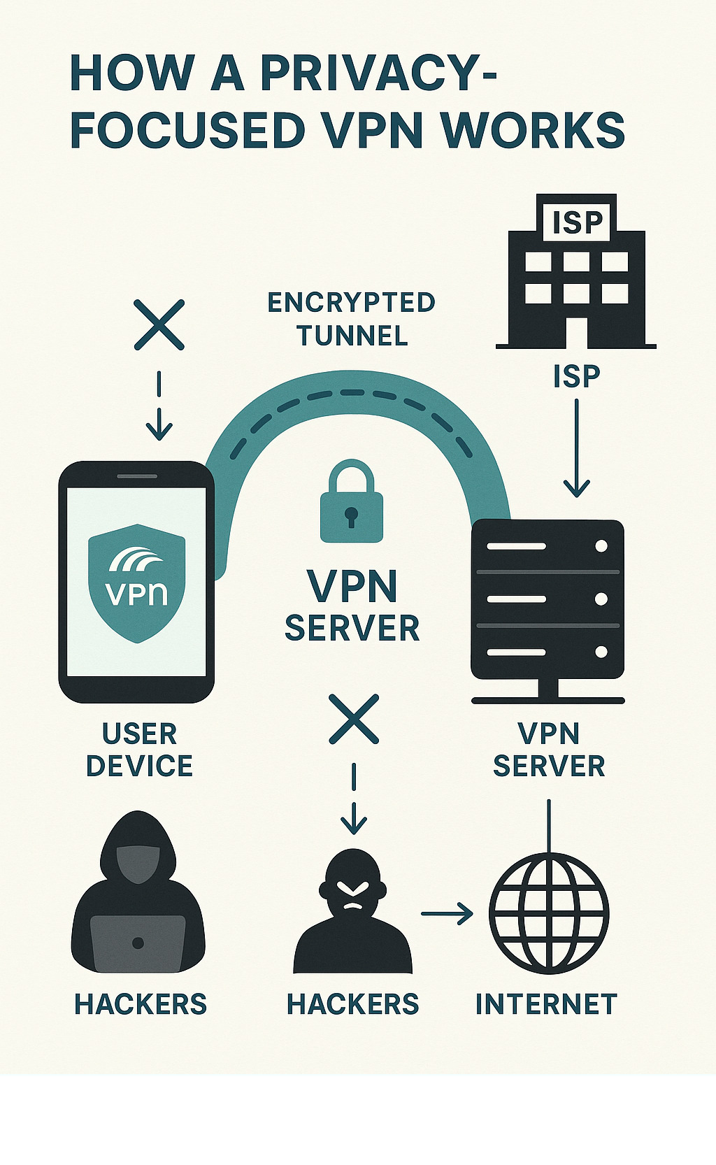 How a privacy-focused VPN works showing encrypted tunnel between user device and internet with ISP and hackers blocked from viewing data - privacy-focused VPN infographic 