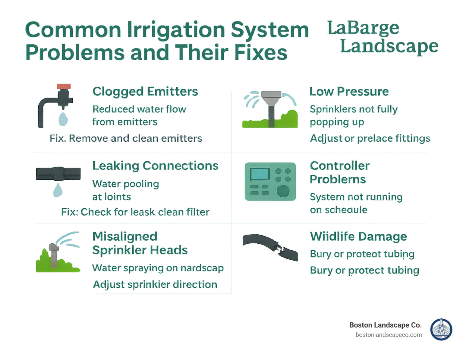 common irrigation system problems and their fixes - watering and irrigation systems infographic 