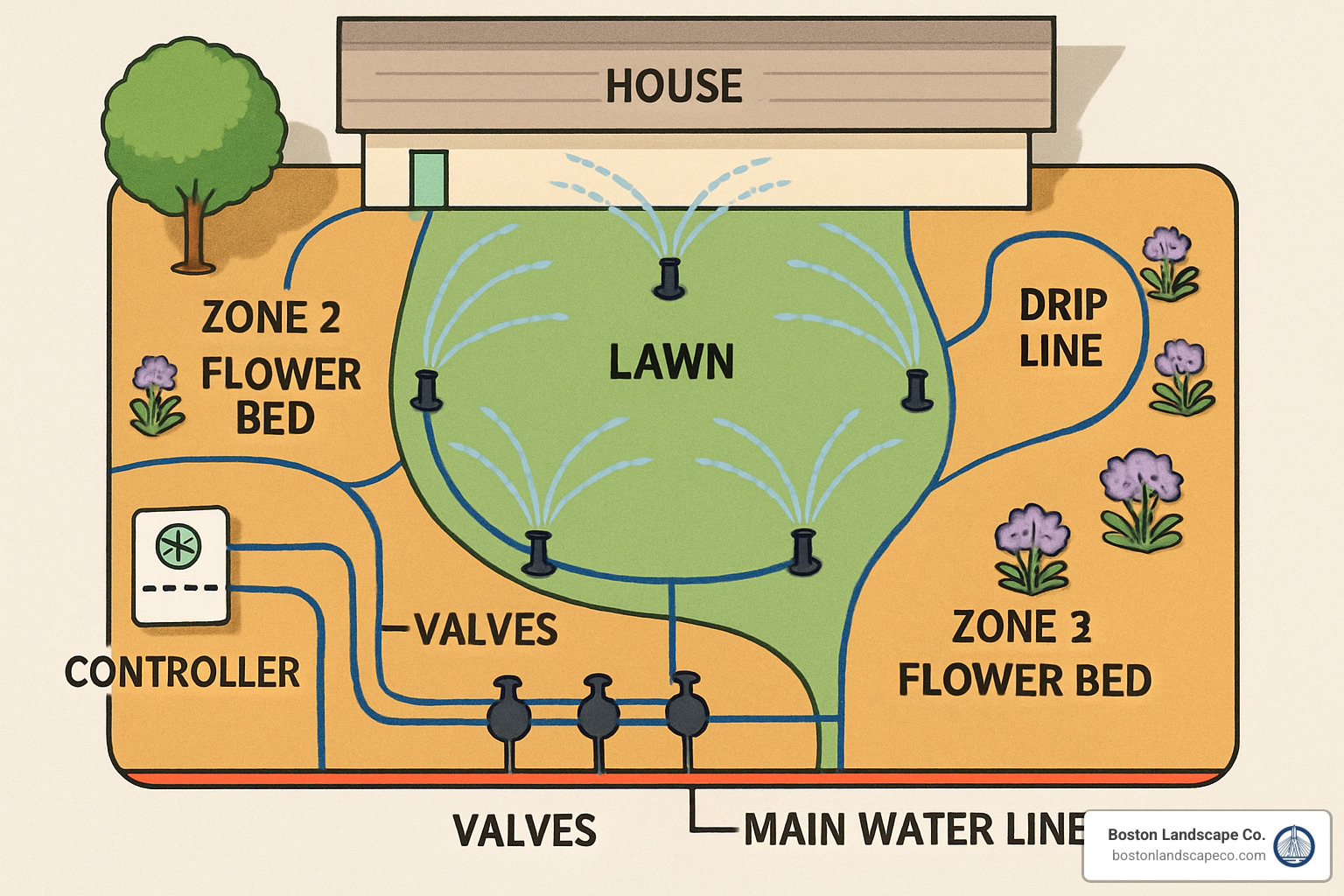 irrigation system design layout showing different zones and components - watering and irrigation systems