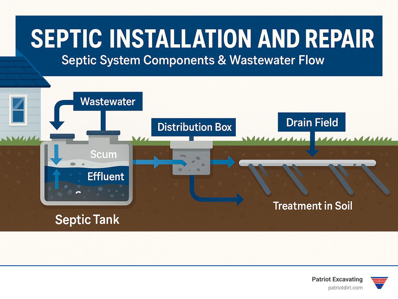 Detailed infographic showing septic system components including tank, distribution box, and drain field with arrows indicating wastewater flow and treatment process - Septic installation and repair infographic 