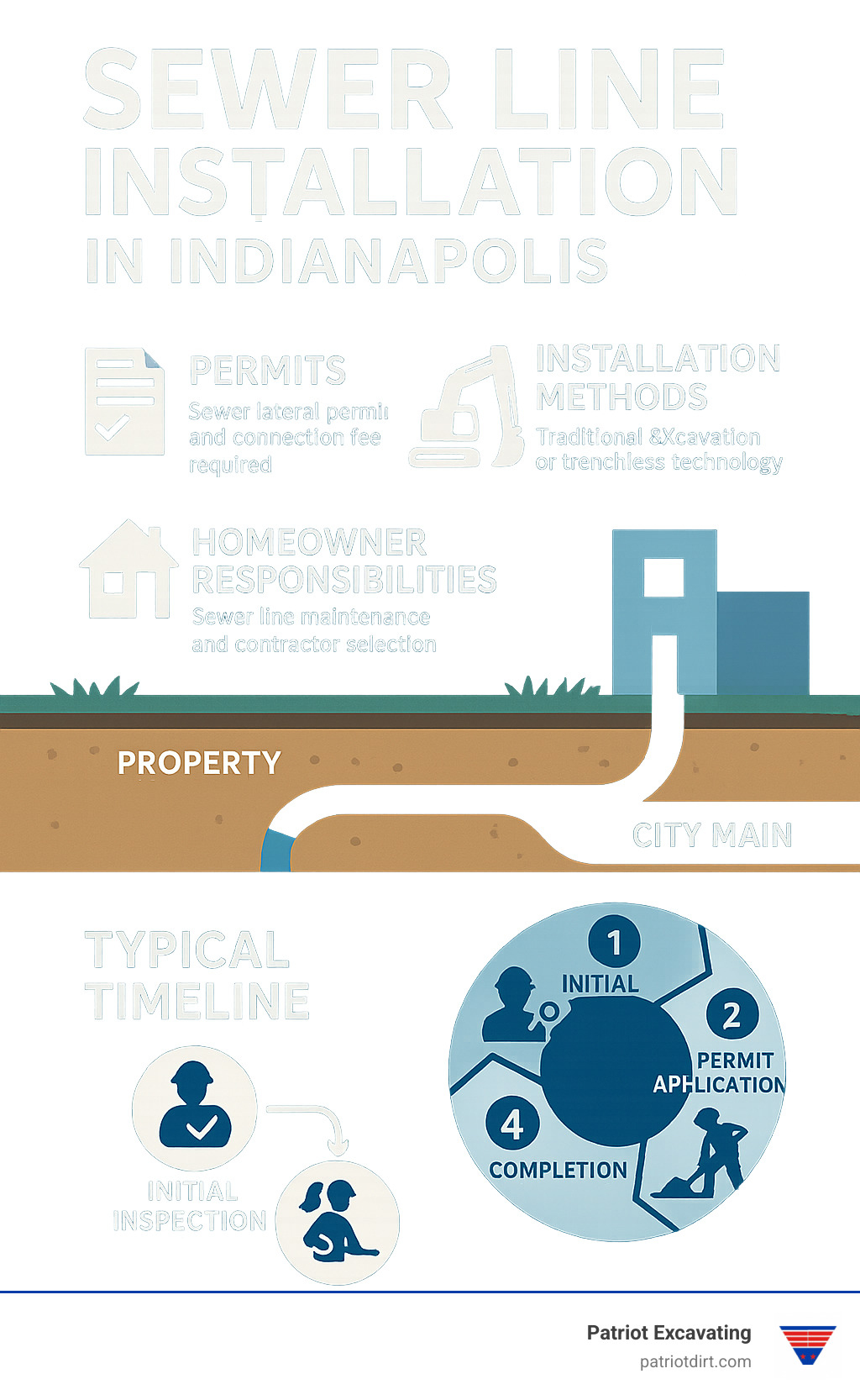 Detailed infographic showing the sewer line installation process in Indianapolis, including permit requirements, installation methods, homeowner responsibilities, and typical timeline from initial inspection to completion - sewer line installation in indianapolis infographic 