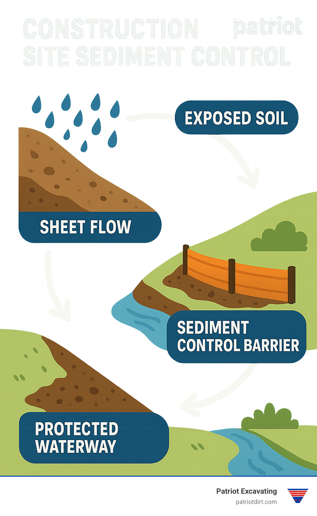 Diagram showing the cycle of sediment movement: raindrops hitting exposed soil, sheet flow carrying particles downslope, sediment control barriers capturing material, and protected waterways downstream - Construction site sediment control infographic 