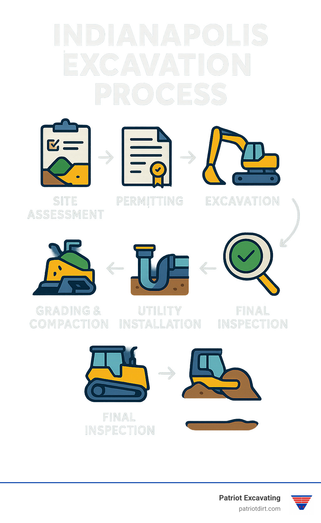 Indianapolis Excavation Process: Site Assessment > Permitting > Excavation > Utility Installation > Grading & Compaction > Final Inspection - excavating companies indianapolis infographic 