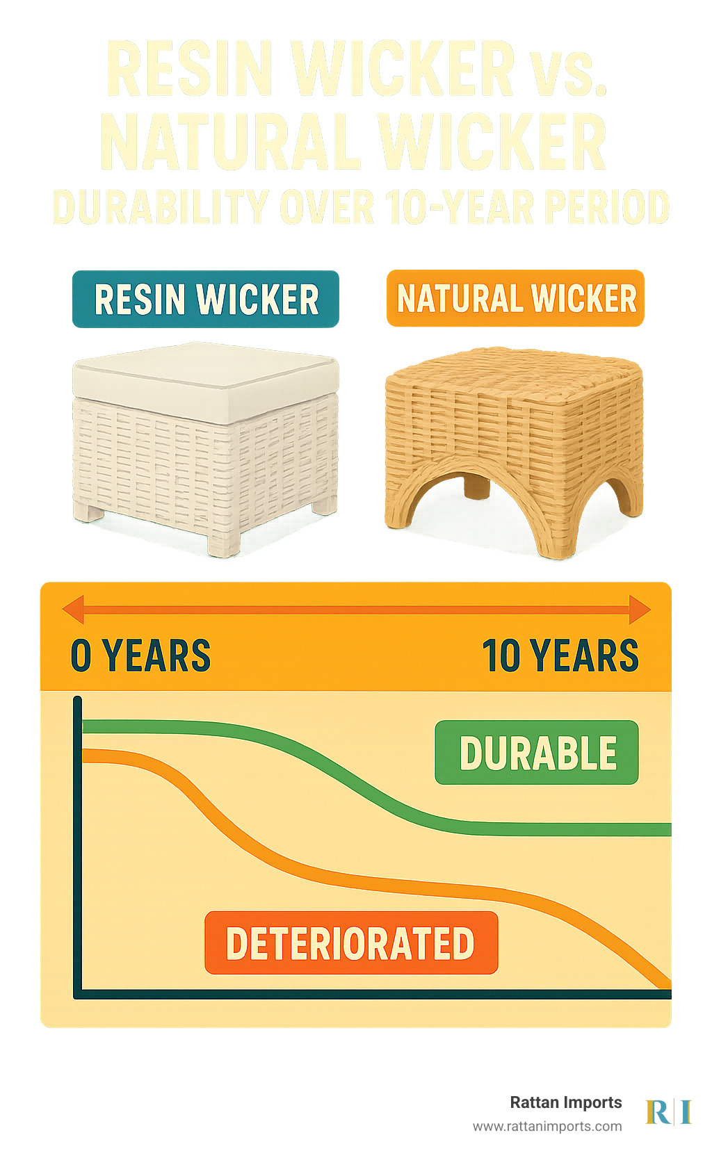 Comparison of resin wicker vs natural wicker durability over 10-year period - white resin wicker ottoman infographic 