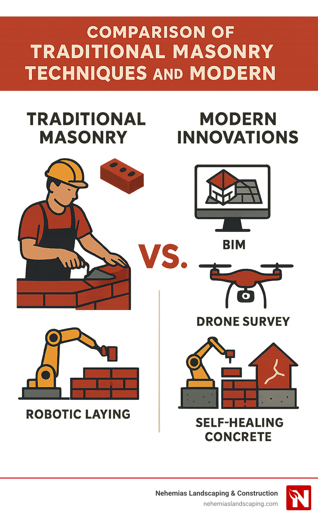 Comparison of traditional masonry techniques and modern innovations - mason construction infographic 