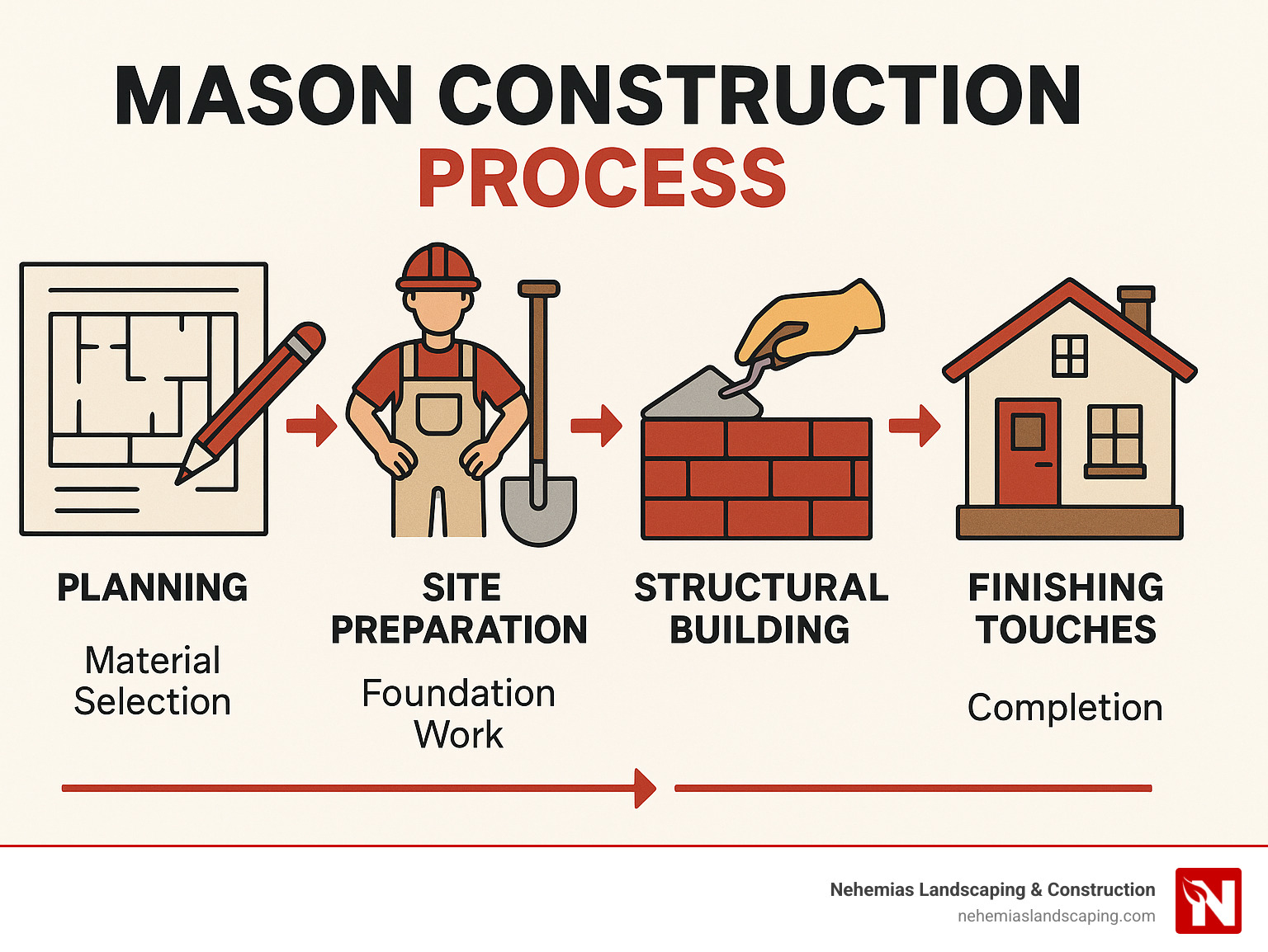 Diagram showing the mason construction process from planning to completion, including material selection, site preparation, foundation work, structural building, and finishing touches - mason construction infographic 