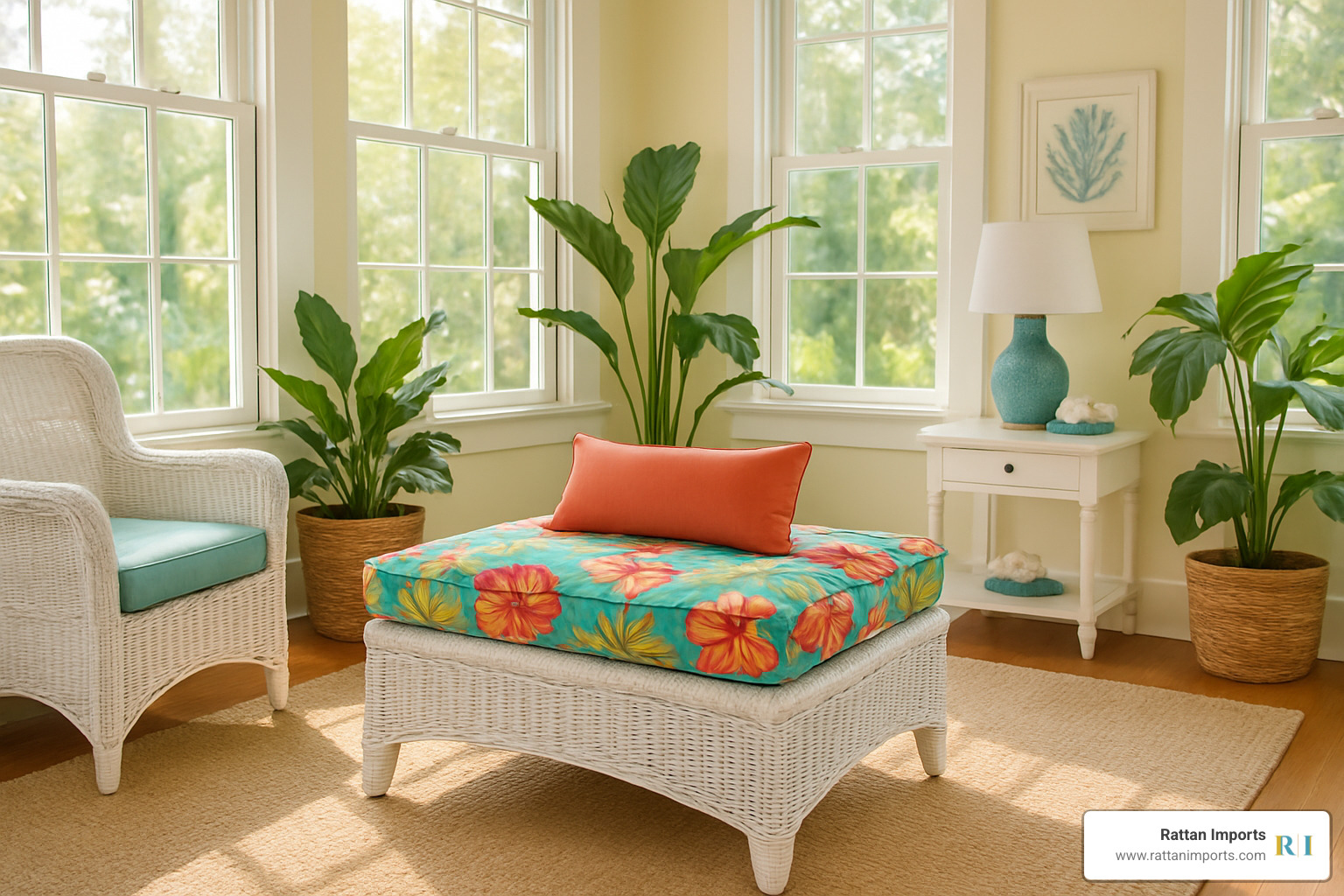 Sunroom vignette featuring white resin wicker ottoman with colorful cushions - white resin wicker ottoman