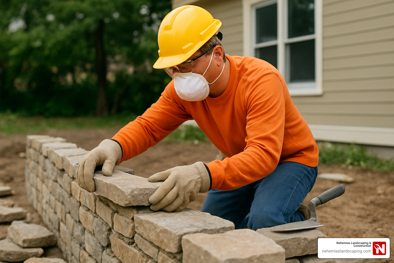 Mason wearing safety equipment while working on a stone wall - mason construction