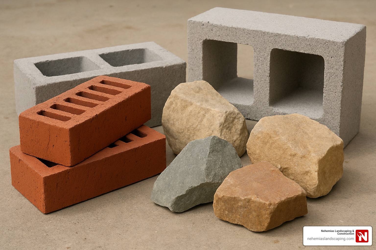 Various masonry materials including brick, stone, and concrete blocks - mason construction