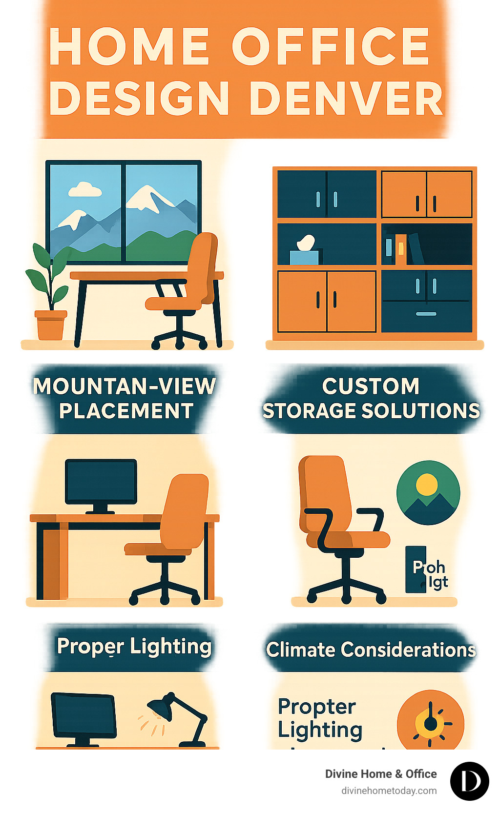 Infographic showing home office design elements for Denver including mountain-view placement, custom storage solutions, ergonomic furniture, proper lighting with glare control, and climate considerations for Denver's altitude - Home office design Denver infographic 