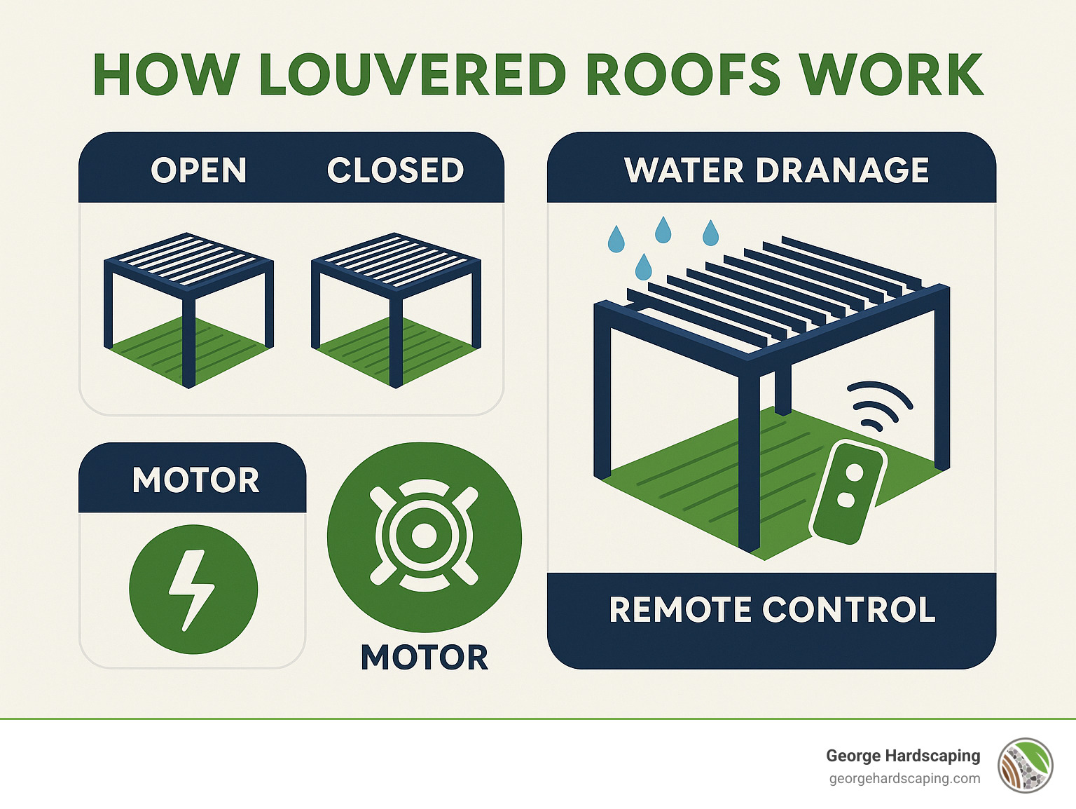 How louvered roofs work - diagram showing open and closed positions, water drainage system, motor operation, and remote control functionality - covered patio ideas infographic