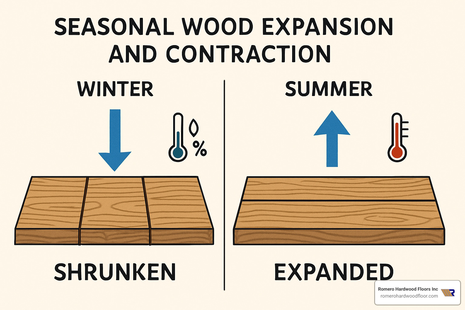 Seasonal wood expansion and contraction diagram - fixing floorboard squeaks