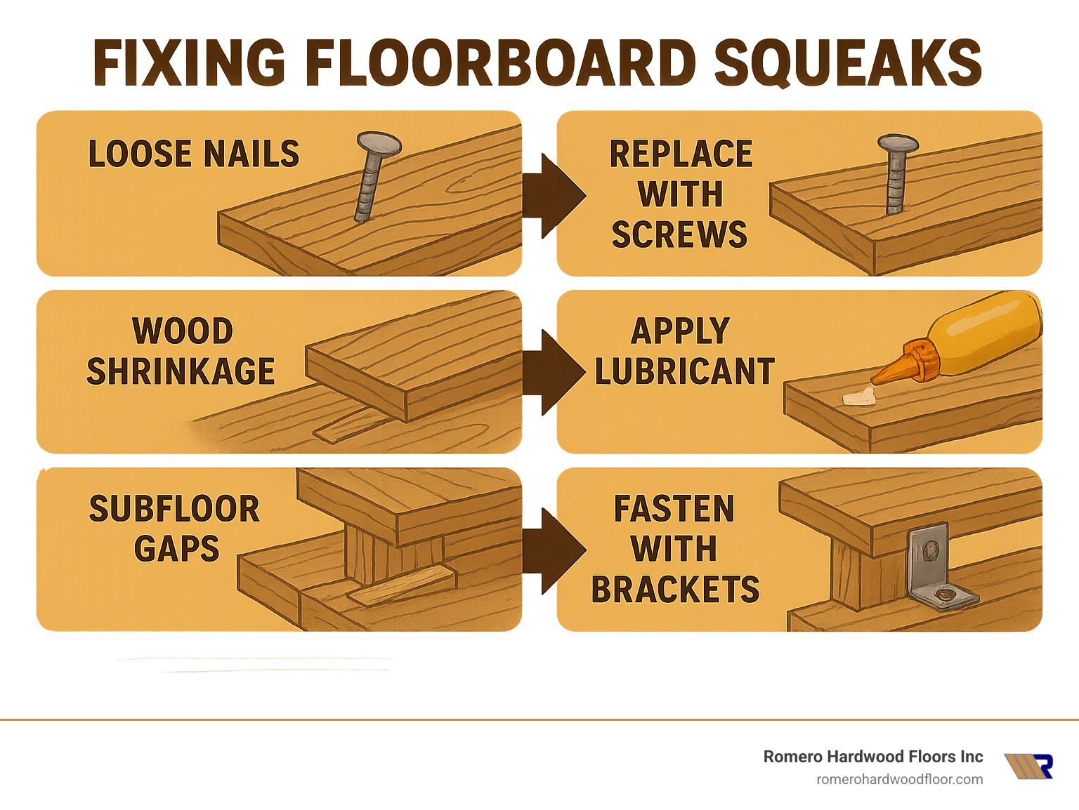 Diagram showing common causes of floor squeaks with illustrations of loose nails, wood shrinkage, subfloor gaps, and joist movement, plus matching repair techniques for each problem - fixing floorboard squeaks infographic