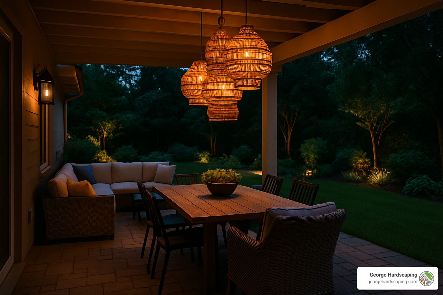 layered lanterns over dining set - covered patio ideas