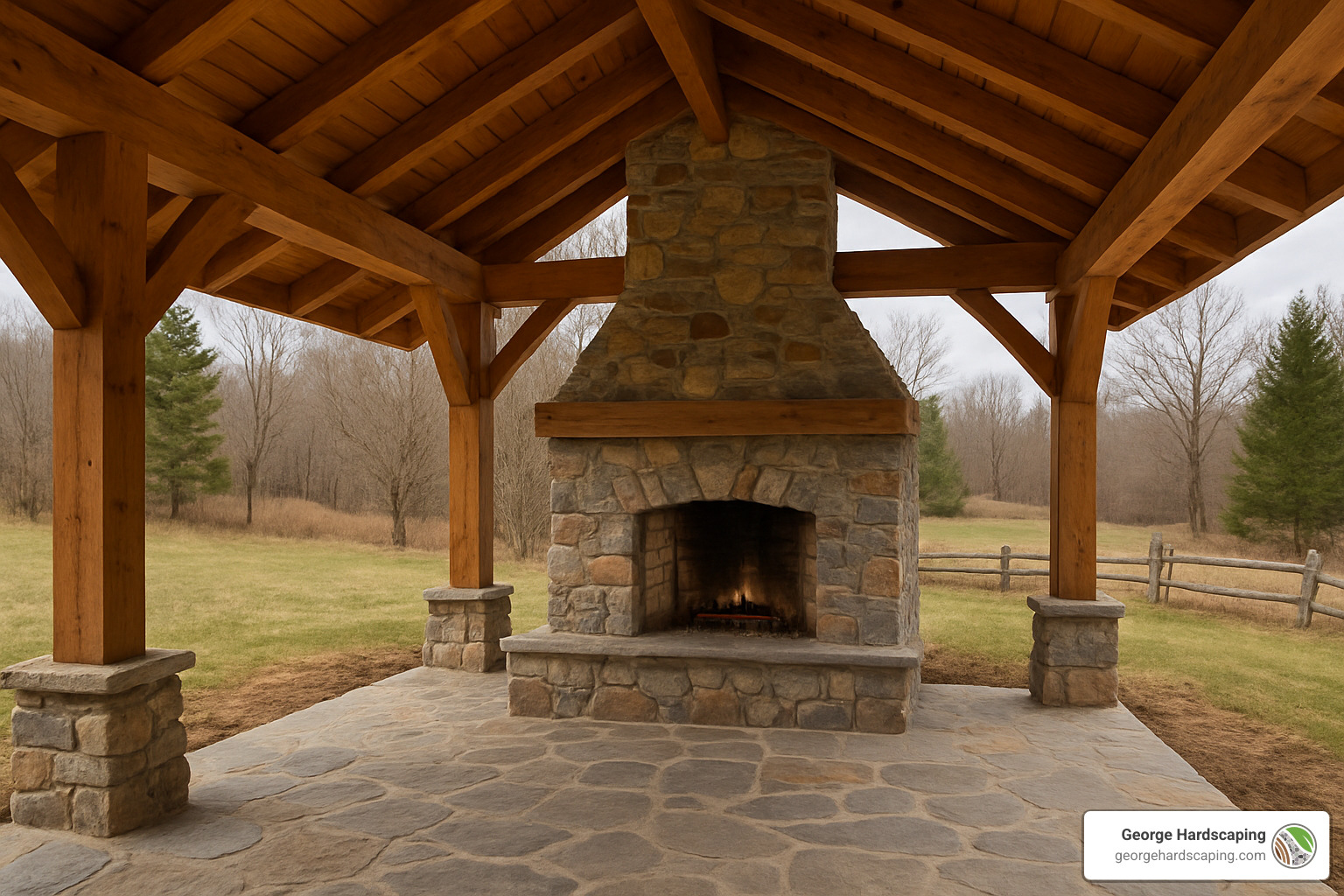 cedar patio cover with stone hearth - covered patio ideas