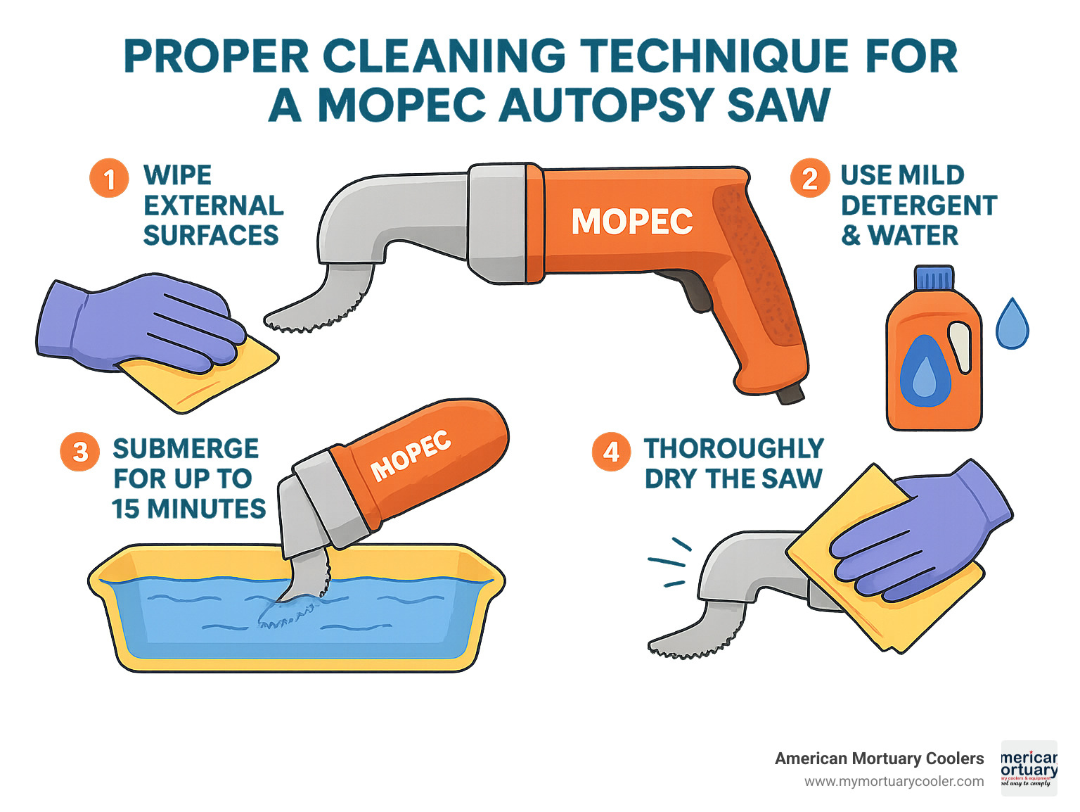 Detailed diagram showing the proper cleaning technique for a Mopec autopsy saw - mopec autopsy saw infographic 