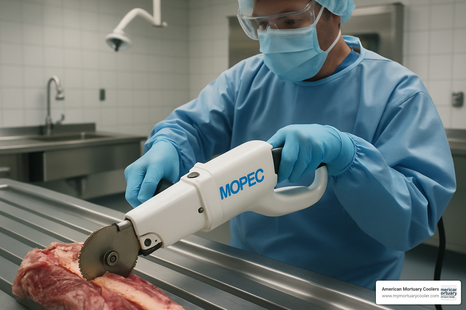 Detailed view of autopsy saw in use in a modern autopsy suite showing proper handling technique - mopec autopsy saw
