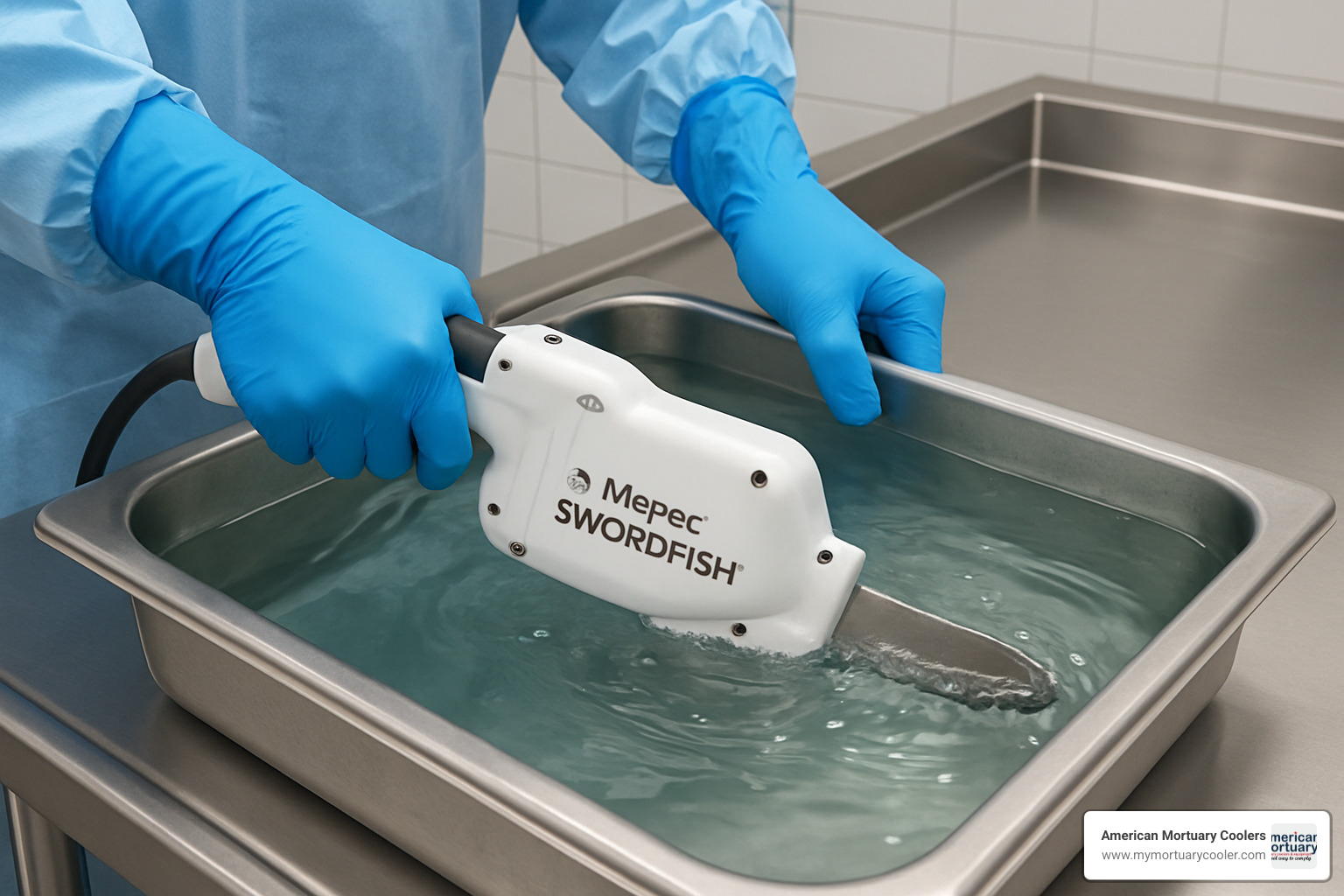 Mopec Swordfish autopsy saw being cleaned by submersion in disinfectant solution - mopec autopsy saw