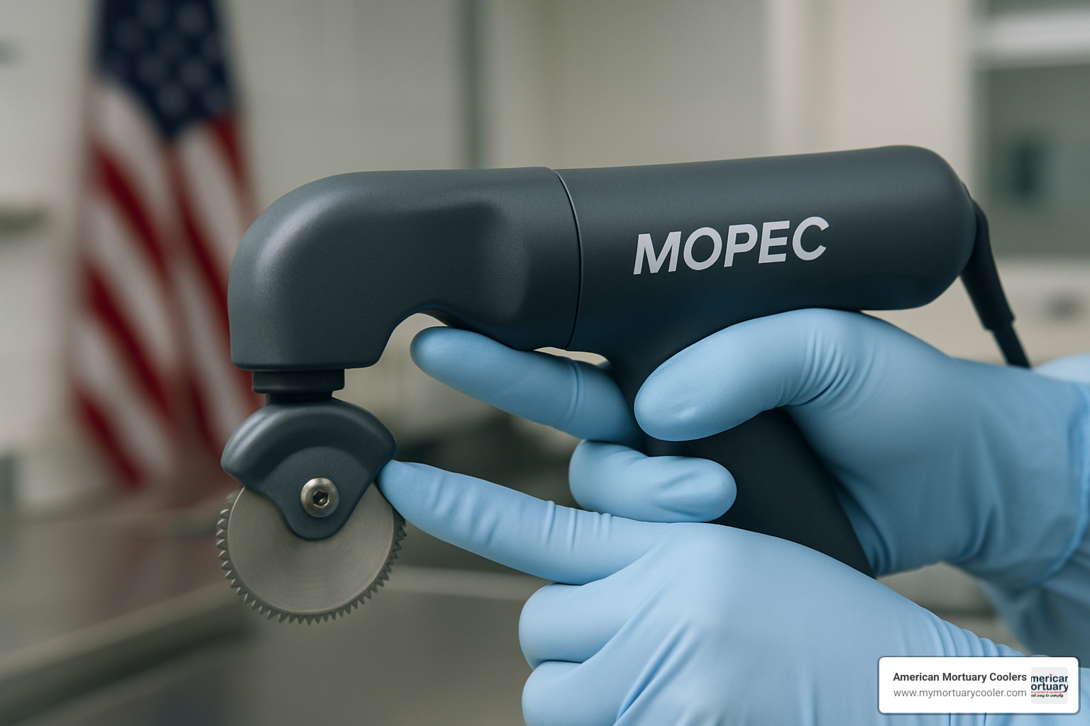 Proper hand position for using a Mopec autopsy saw showing index finger placement under oscillating head - mopec autopsy saw