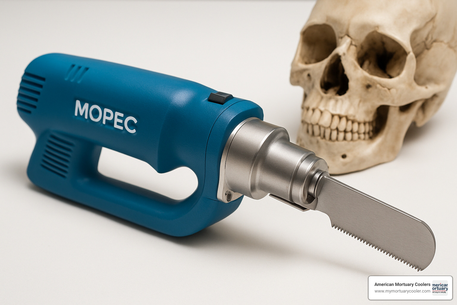 BD050 Portable Bone Dust Vacuum connected to a Mopec autopsy saw during use - mopec autopsy saw