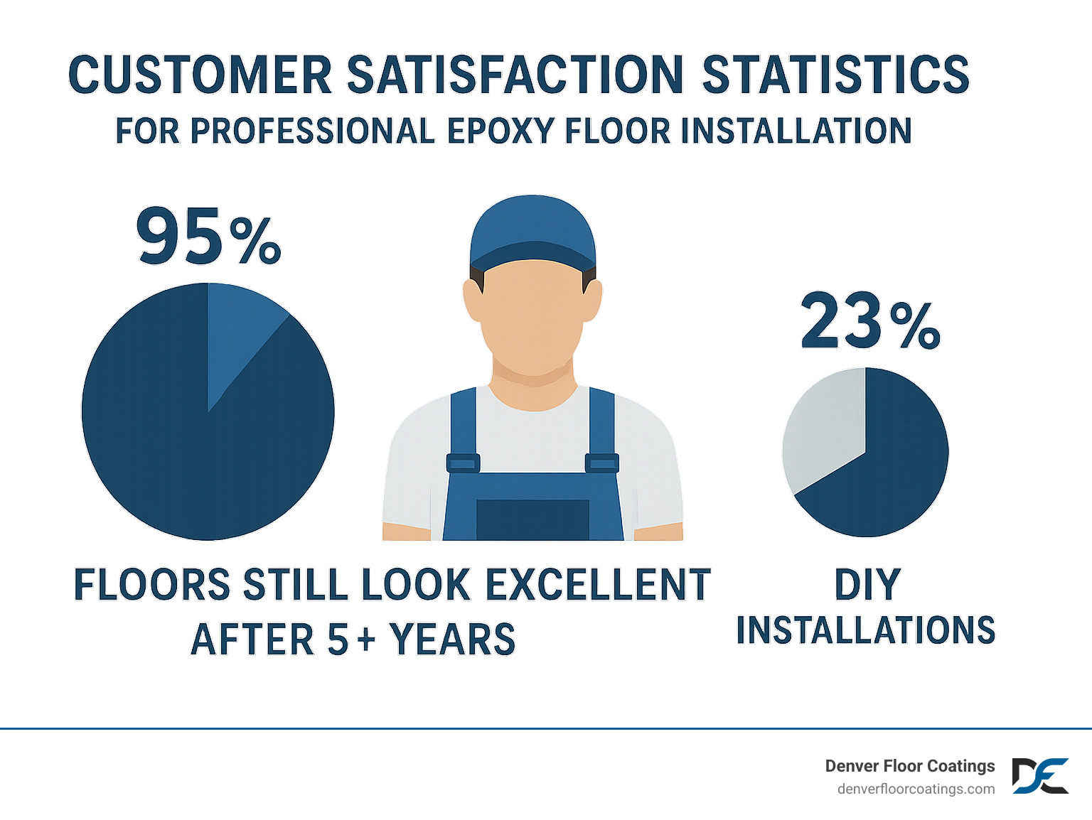 Customer satisfaction statistics for professional epoxy floor installations showing 95% of customers report their floors still look excellent after 5+ years compared to only 23% satisfaction with standard alternatives - professional epoxy floor installation infographic Customer satisfaction statistics for professional epoxy floor installations showing 95% of customers report their floors still look excellent after 5+ years compared to only 23% satisfaction with standard alternatives - professional epoxy floor installation infographic