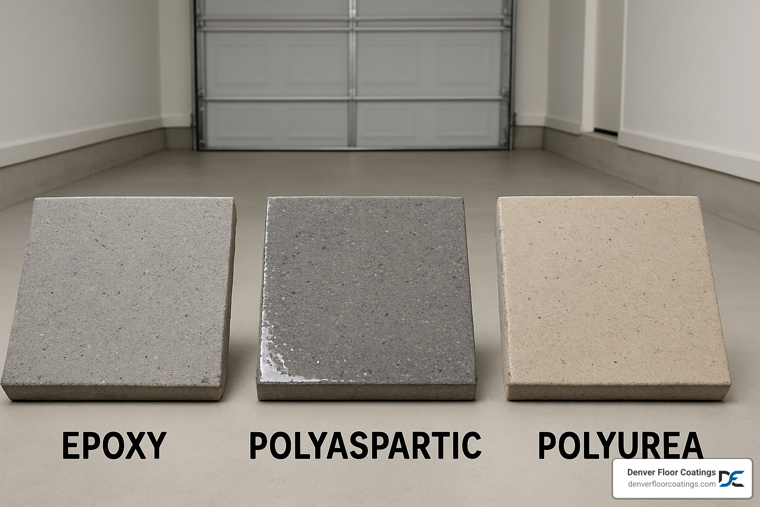 comparison of different garage floor coating types showing epoxy, polyaspartic, and polyurea samples - garage floor coating denver