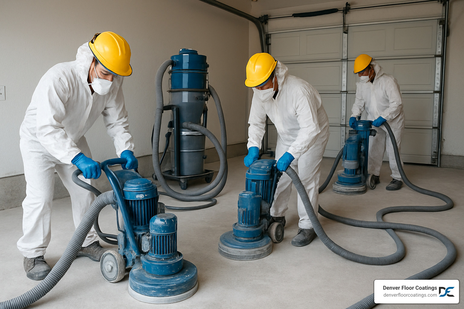 professional crew diamond grinding a concrete garage floor with dust collection system - garage floor coating denver