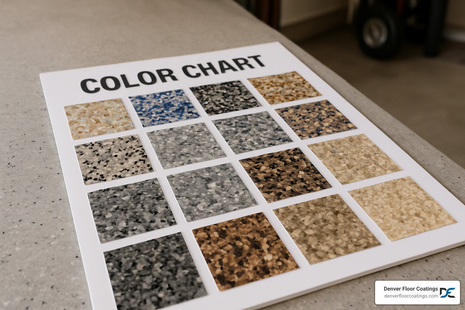 color chart showing various decorative chip blends for garage floor coatings - garage floor coating denver