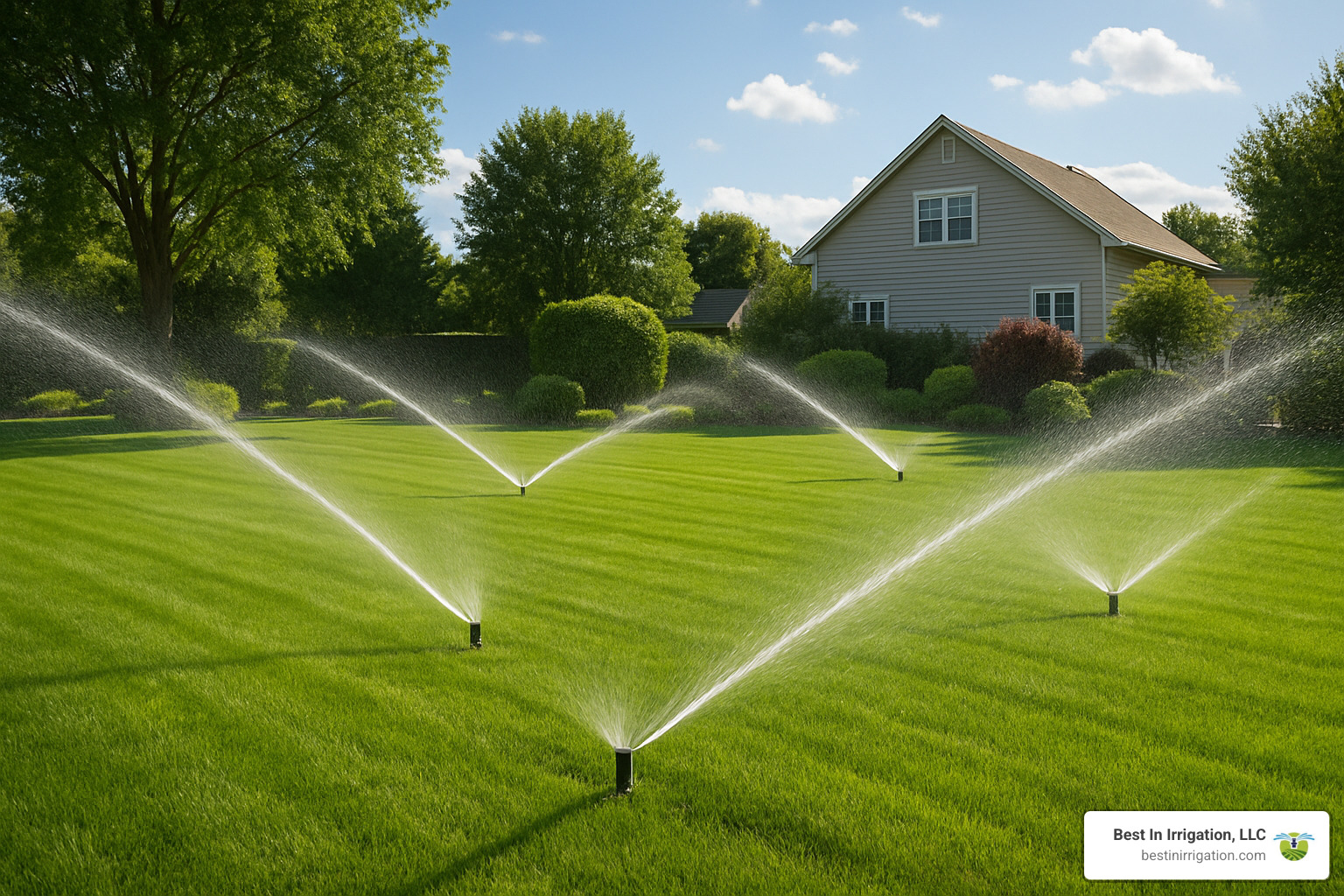 Large lawn with rotary sprinkler heads in action - best automatic sprinkler heads