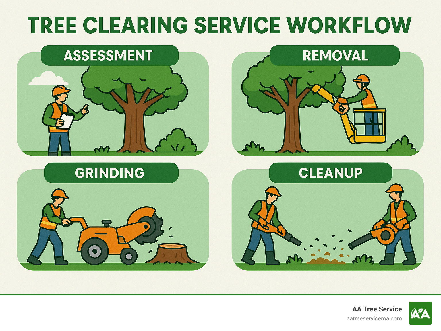 Tree clearing service workflow showing assessment, removal, grinding, and cleanup stages with equipment and safety protocols - tree clearing services infographic
