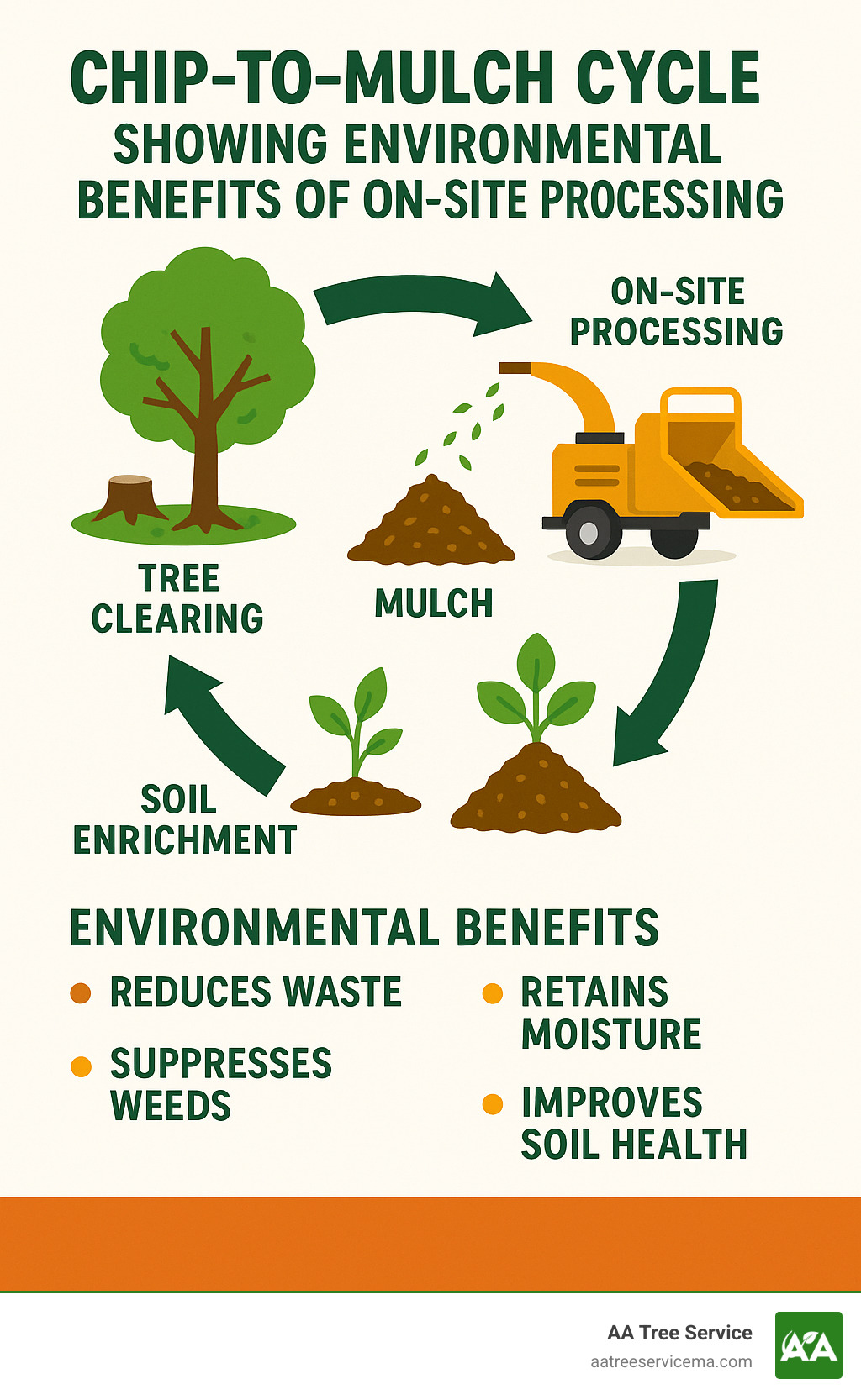 Chip-to-mulch cycle showing environmental benefits of on-site processing - tree clearing services infographic