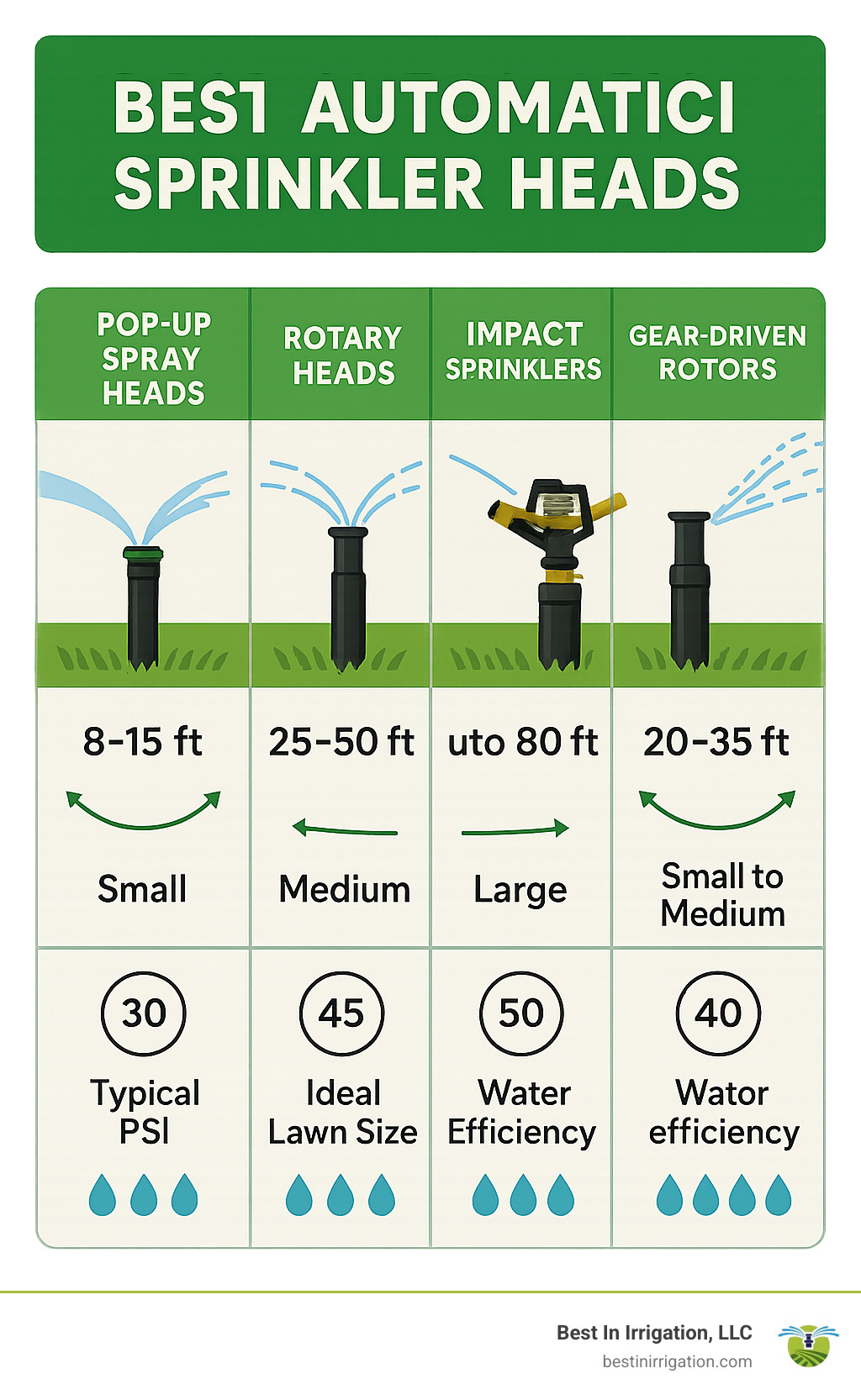 Automatic sprinkler head types showing spray patterns, coverage ranges, and ideal uses for different lawn sizes. Includes pop-up spray heads (8-15 ft), rotary heads (25-50 ft), impact sprinklers (up to 80 ft), and gear-driven rotors (20-35 ft). Each type is shown with typical PSI requirements and water efficiency ratings. - best automatic sprinkler heads infographic 