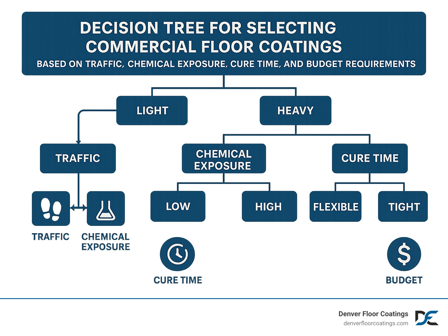 Decision tree for selecting commercial floor coatings based on traffic, chemical exposure, cure time, and budget requirements - commercial garage floor coatings infographic 