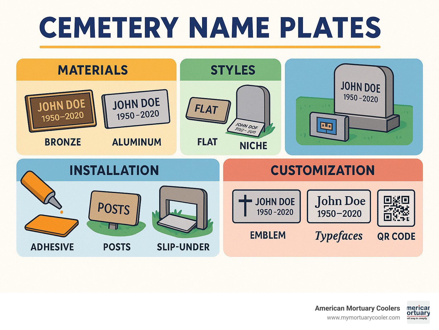 Different types of cemetery name plates showing materials (bronze, aluminum, marble), styles (flat, bent, niche), installation methods (adhesive, posts, slip-under), and customization options (emblems, typefaces, photos, QR codes) - cemetery name plates infographic 