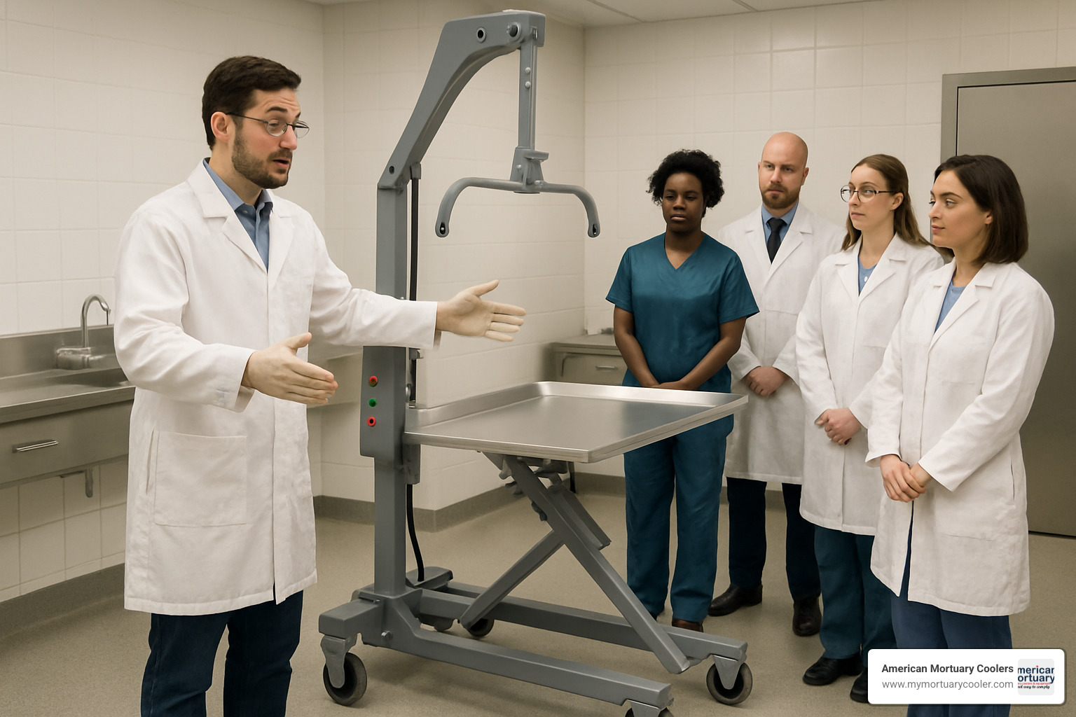 Technician demonstrating cadaver lift features to mortuary staff - mopec cadaver lift
