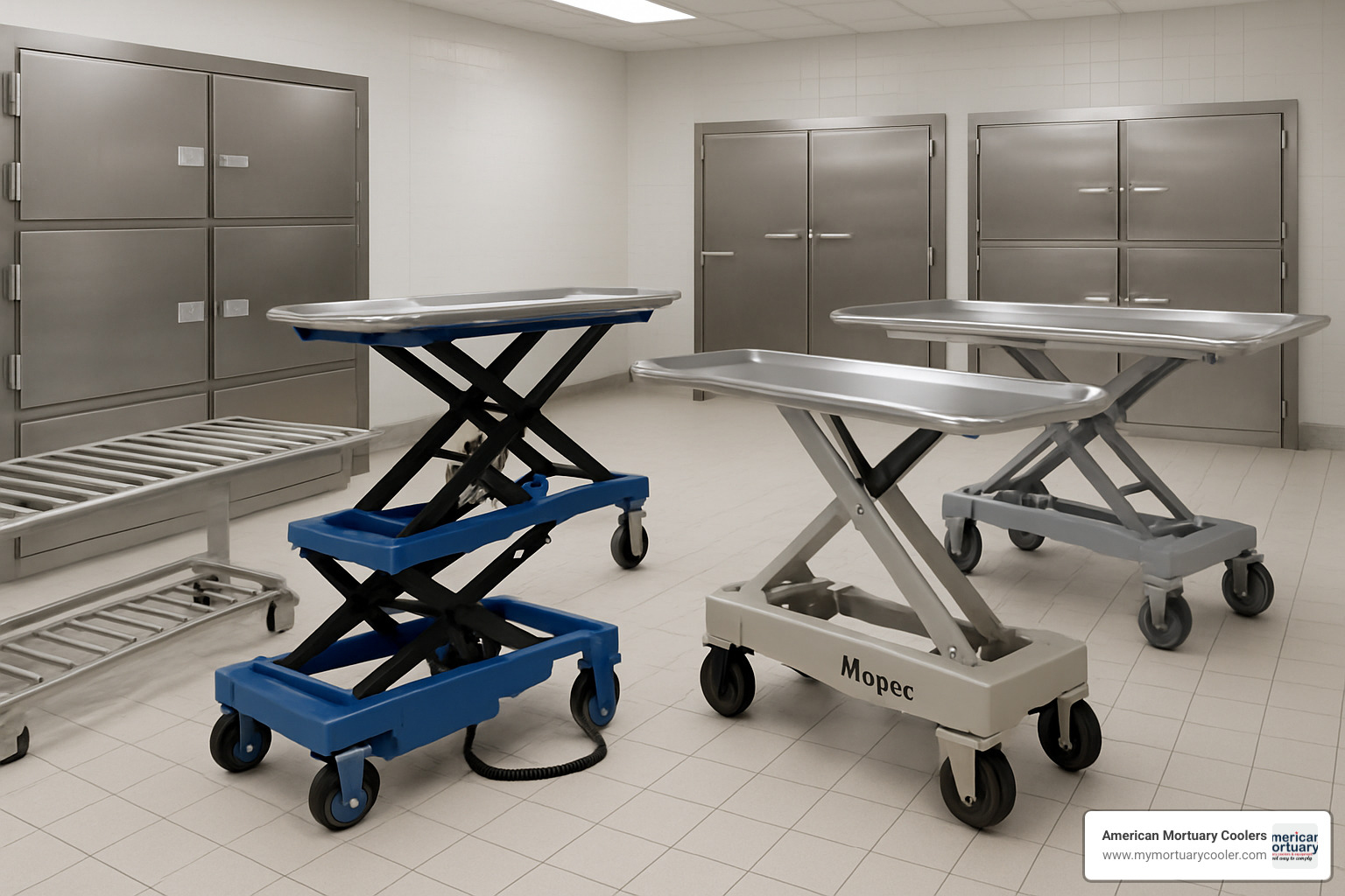 Different models of Mopec cadaver lifts in a morgue setting - mopec cadaver lift
