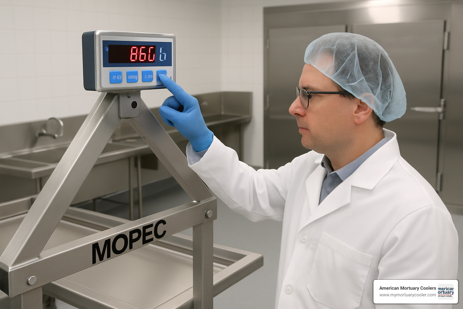 Technician calibrating digital scale on Mopec cadaver lift - mopec cadaver lift