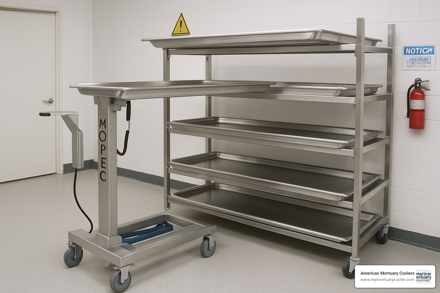 Mopec cadaver lift aligning with five-tier storage rack - mopec cadaver lift