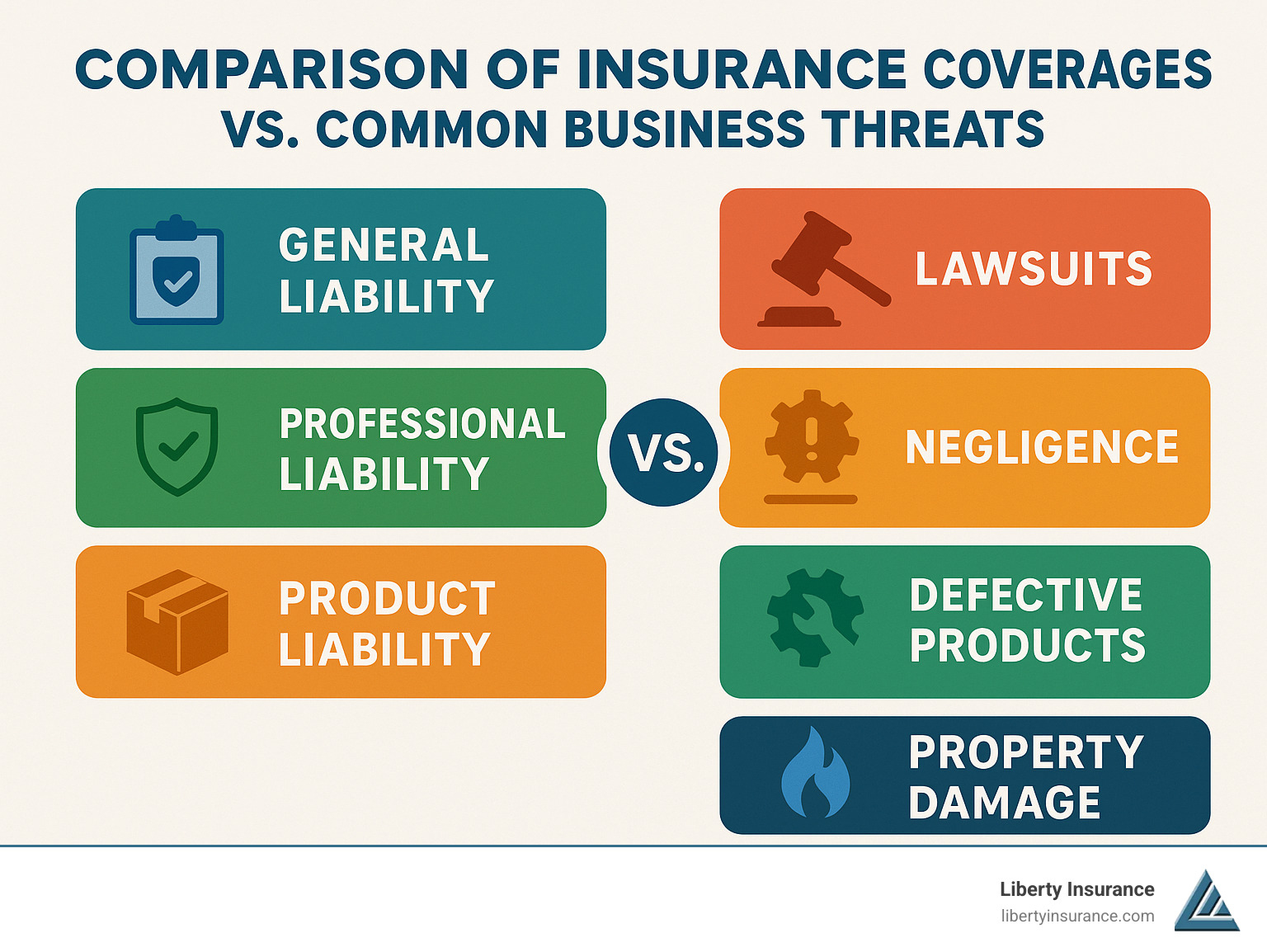 Comparison of insurance coverages versus common business threats - business asset protection insurance infographic 