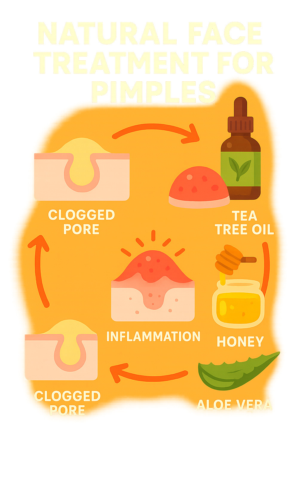 Infographic showing the lifecycle of a pimple from clogged pore through inflammation to healing, with natural treatments matched to each stage including tea tree oil for bacterial growth, honey for inflammation, and aloe vera for healing - natural face treatment for pimples infographic 