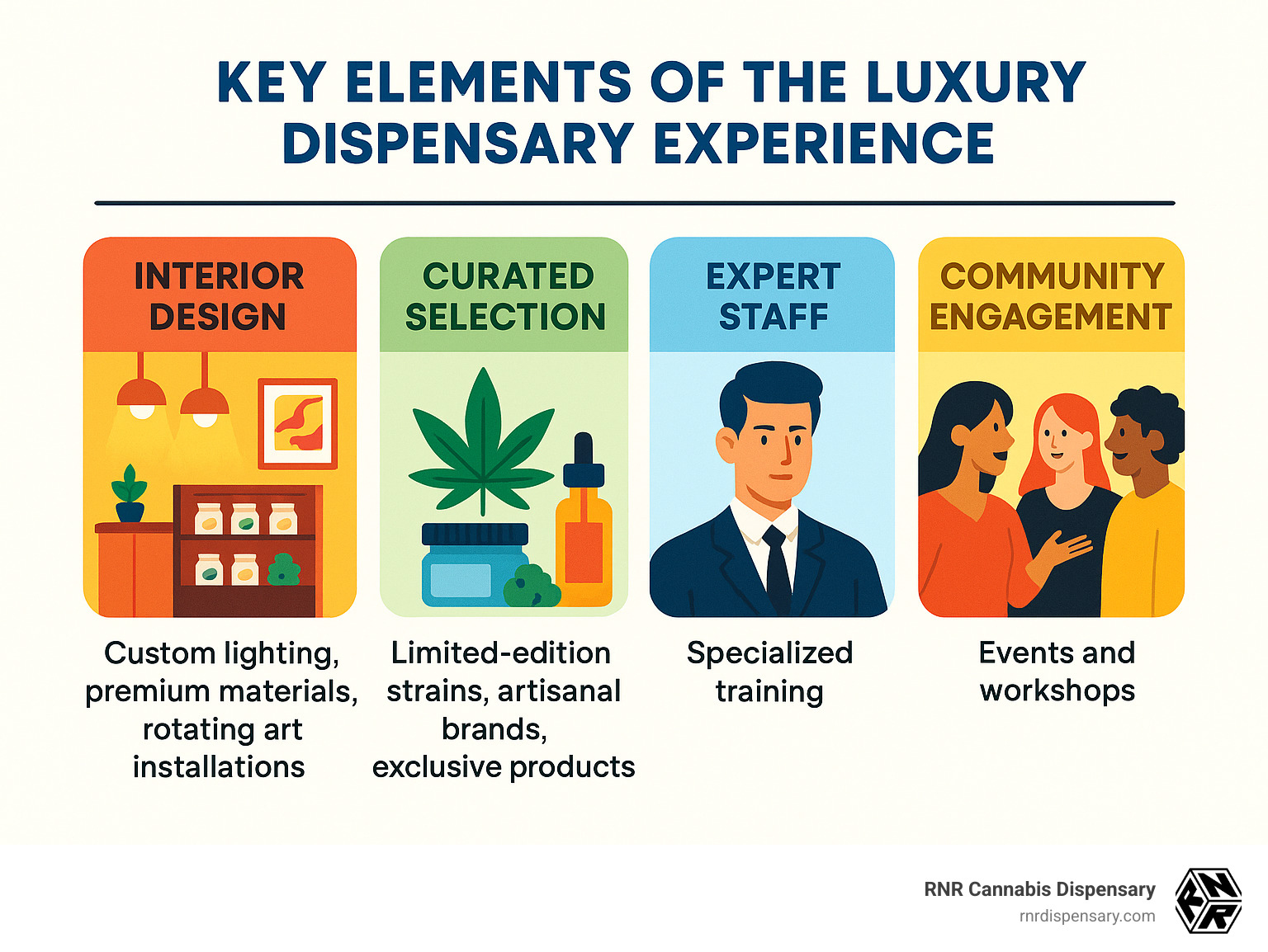 Key elements of the luxury dispensary experience showing interior design features, product curation methods, staff expertise requirements, and community engagement approaches - luxury weed dispensary infographic Key elements of the luxury dispensary experience showing interior design features, product curation methods, staff expertise requirements, and community engagement approaches - luxury weed dispensary infographic
